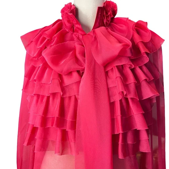 #A125 FOR HER NYC Barbiecore Hot Pink Ruffle Organza Romantic Blouse NWT M - Picture 6 of 12